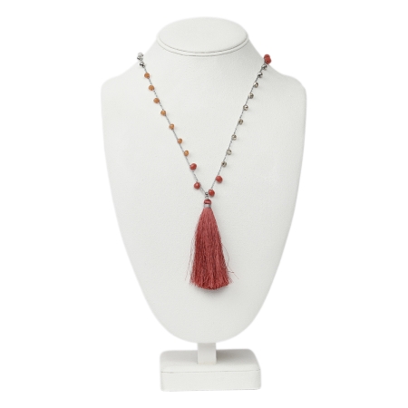 Damen lange Halskette Koralle mit Perlen und Quaste