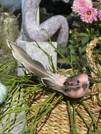 Vogel mit Clip Rosa - braun 13 cm Dekovogel