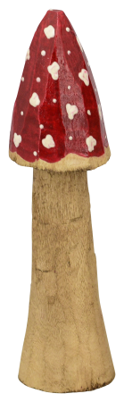 Pilz mit spitzer roter Kappe und weißen Punkten aus Holz