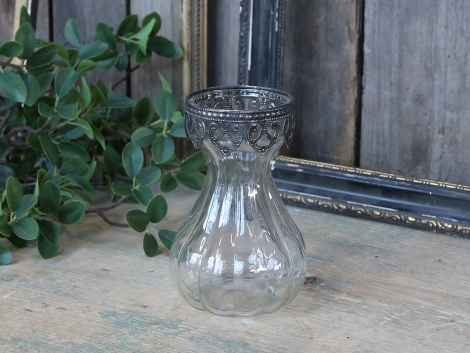Chic Antique Vase Glas mit Silberdekor Landhausstil Glasvase Hyazinthenvase