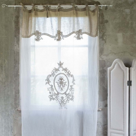 Vorhang Leinen Curtain offwhite taupe mit Ornament 140 x 300 cm H